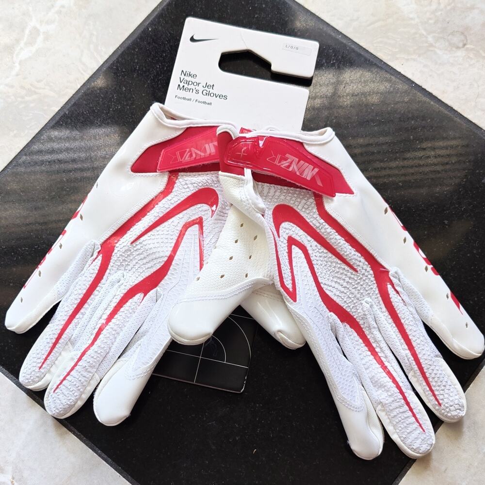 Nike Vapor Jet Football Gloves White/Red Men’s Size L Pair Full Finger